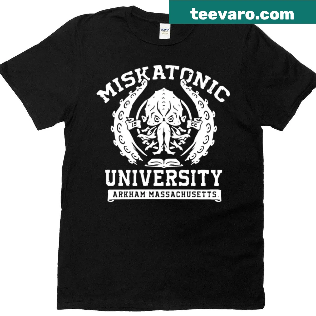 Vintage Miskatonic University T-shirt with fictional university name — on a men's t-shirt