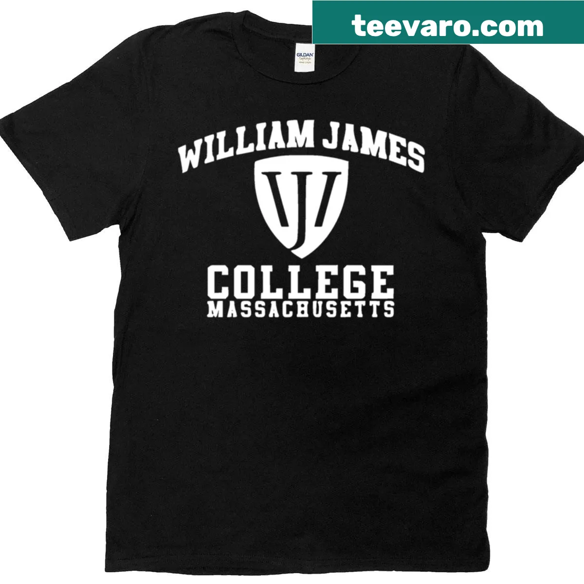 Vintage William James College Massachusetts T-shirt with classic logo — on a men's t-shirt