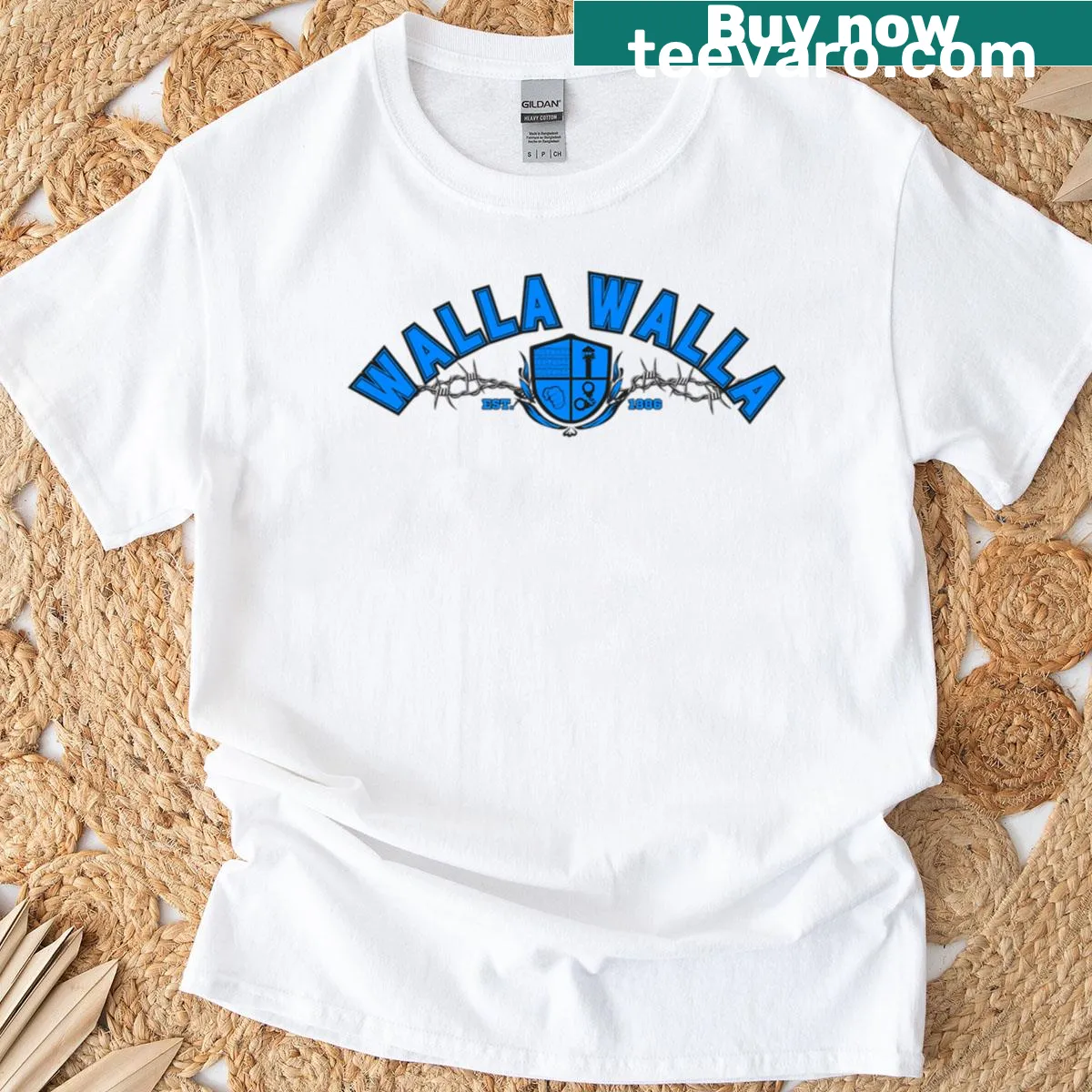 Oversized blue t-shirt with Walla Walla Prison University emblem — on a men's t-shirt