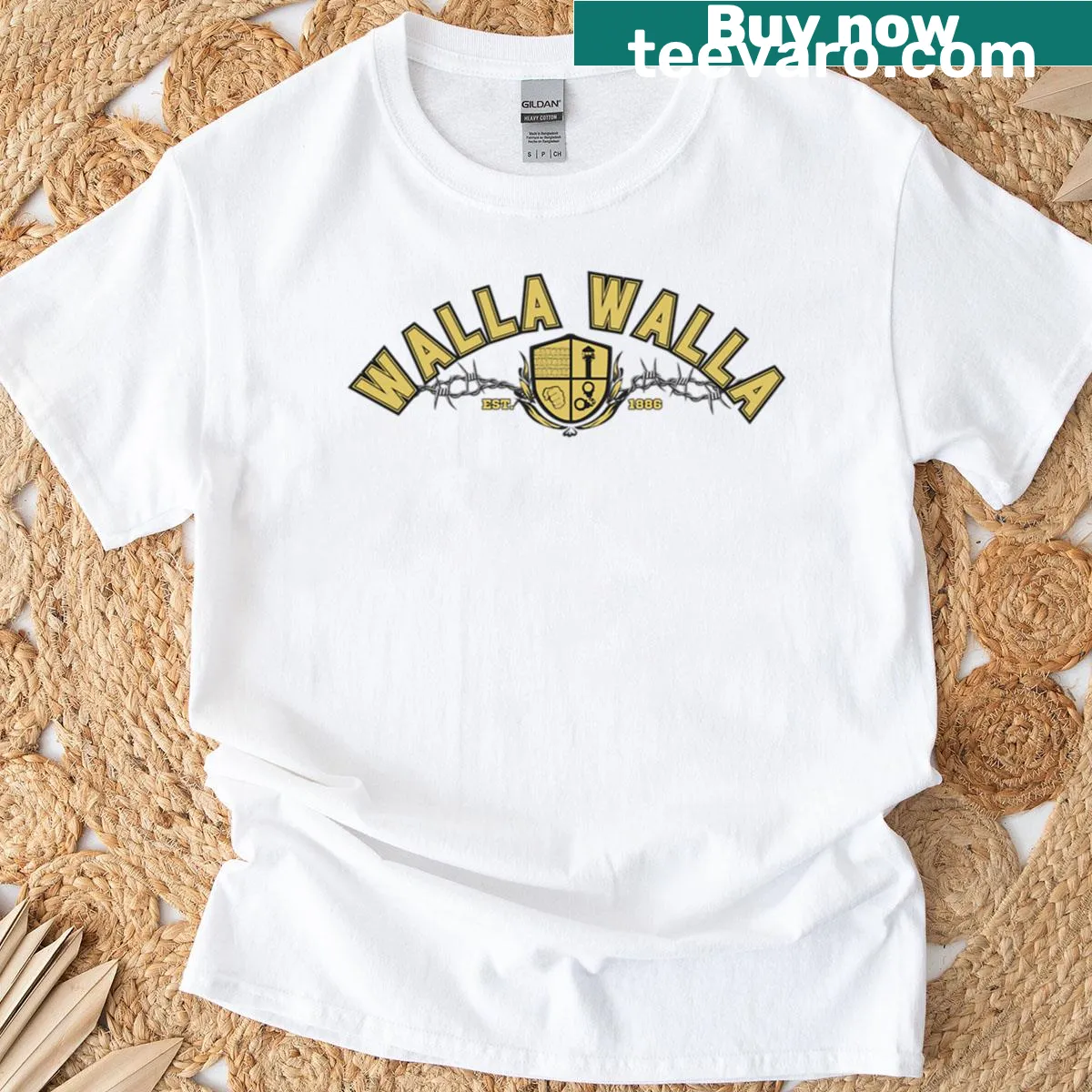 Gold t-shirt with Walla Walla Prison University emblem — on a men's t-shirt