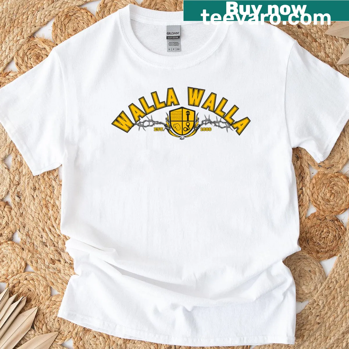 Yellow T-shirt featuring Walla Walla Prison University emblem — on a men's t-shirt