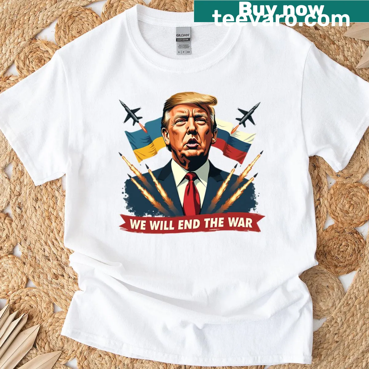T-shirt with bold text reading 'We Will End The War' — on a men's t-shirt