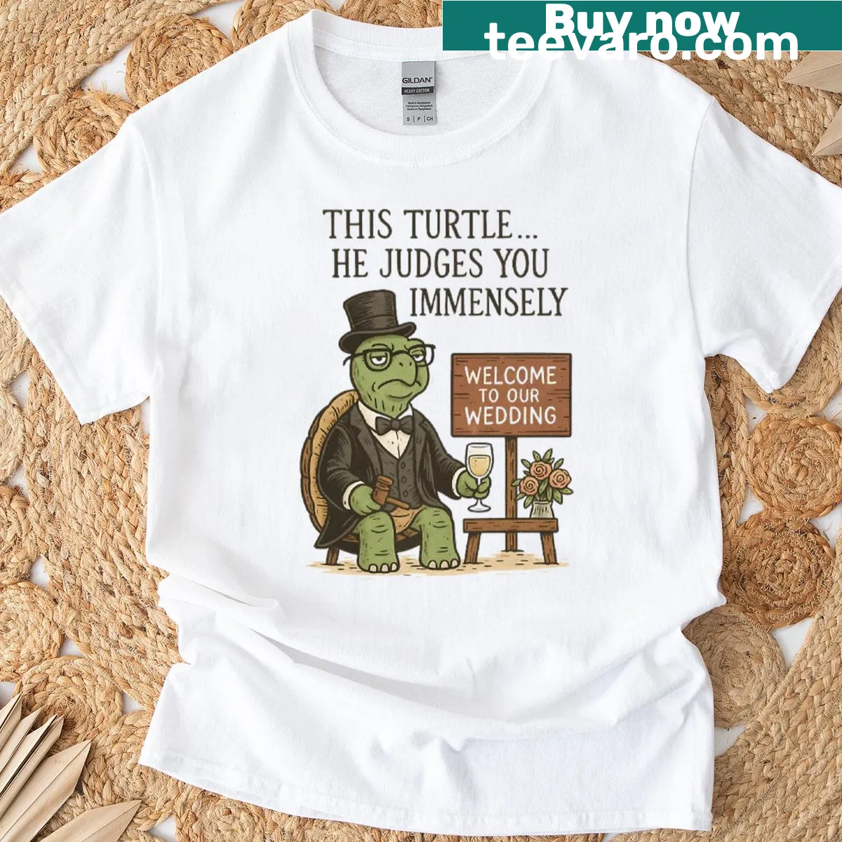 Funny wedding t-shirt with cartoon turtle and text: He Judges You — on a men's t-shirt