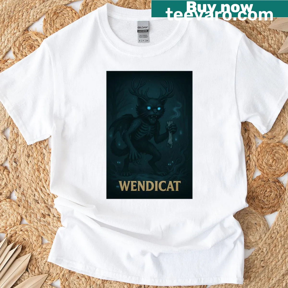 Cute cat-themed t-shirt with whimsical Wendicat design — on a men's t-shirt