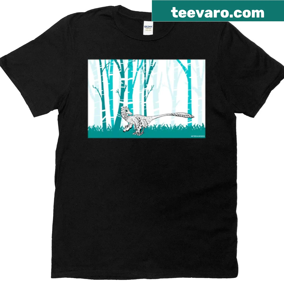 T-shirt featuring a white raptor in a birch forest illustration — on a men's t-shirt