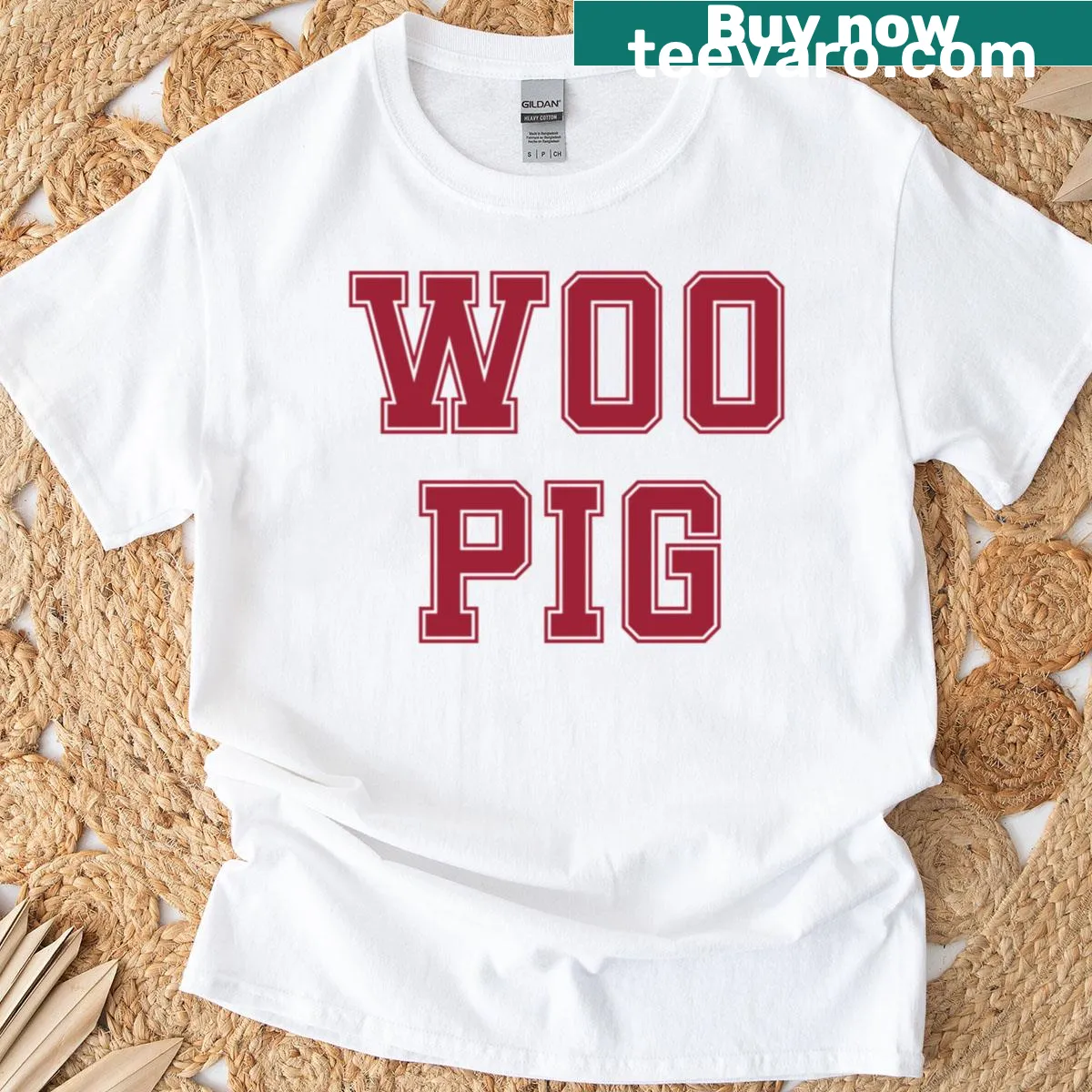 University of Arkansas Razorbacks Woo Pig T-shirt with bold text — on a men's t-shirt