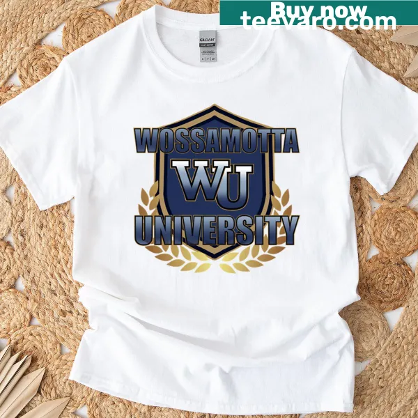 Wossamotta University T-shirt featuring playful typography