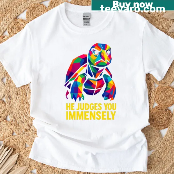 Pop art turtle T-shirt with geometric design and humorous text