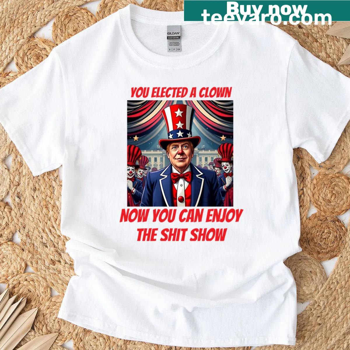T-shirt featuring bold text 'You Elected Trump Clown' — on a men's t-shirt