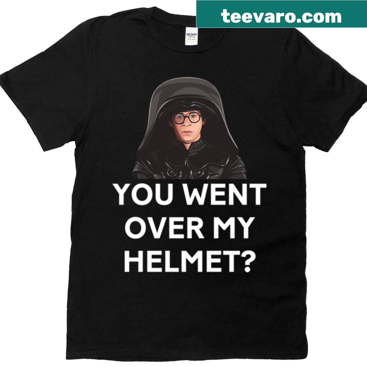 Humorous T-shirt with 'You Went Over My Helmet' text — on a men's t-shirt