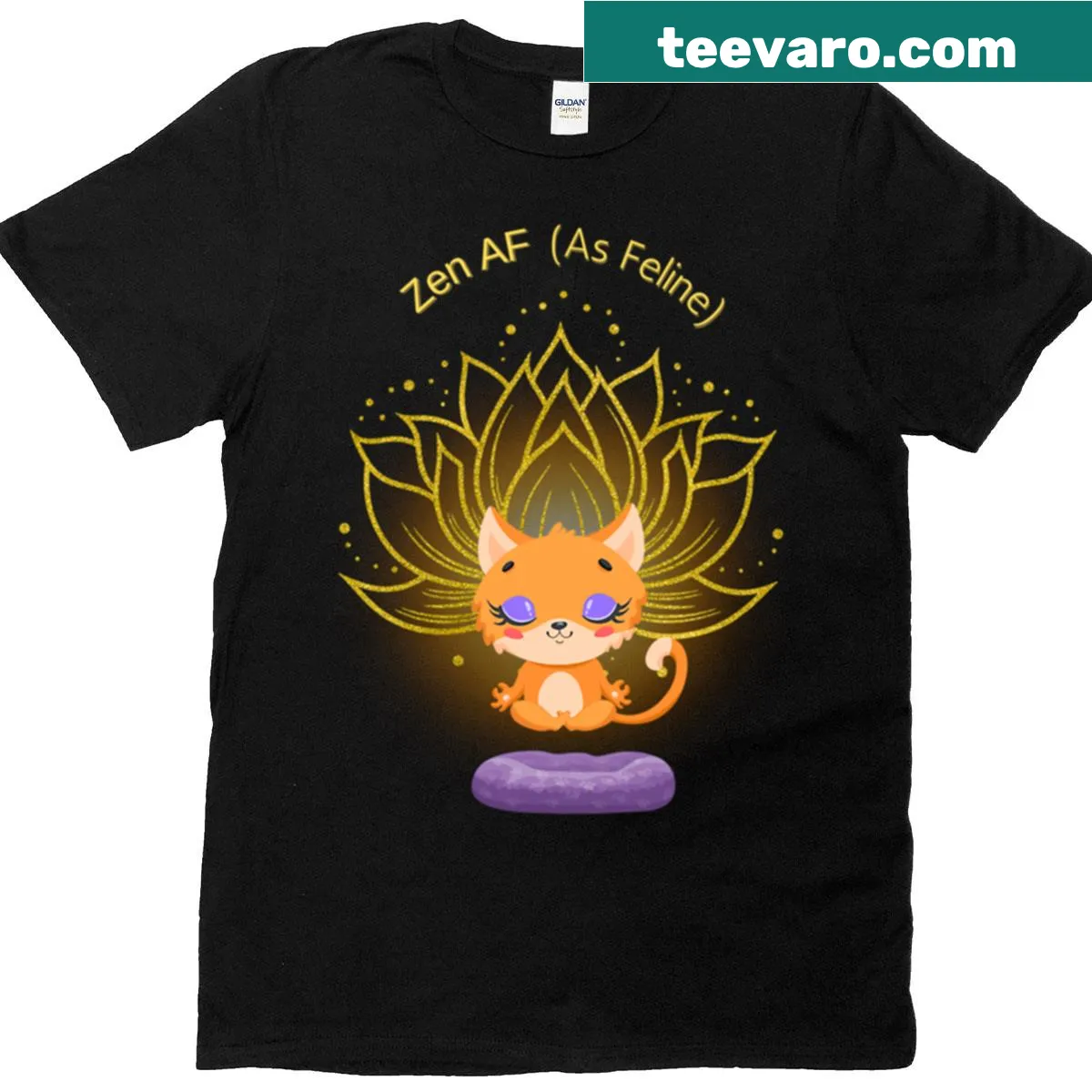 Illustration of a cat in a yoga pose with the text 'Zen Af As Feline' — on a men's t-shirt