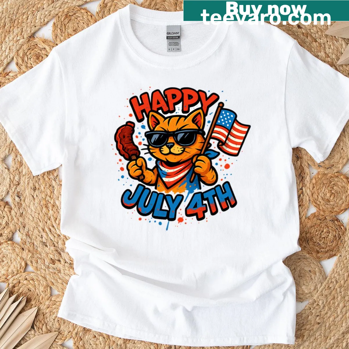 Fourth of July T-shirt with cat in sunglasses and BBQ design — on a men's t-shirt