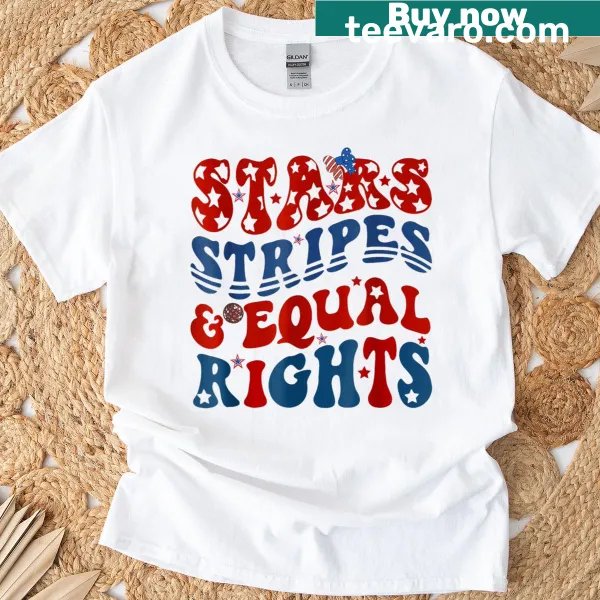 Patriotic women's T-shirt with stars, stripes, and equal rights message