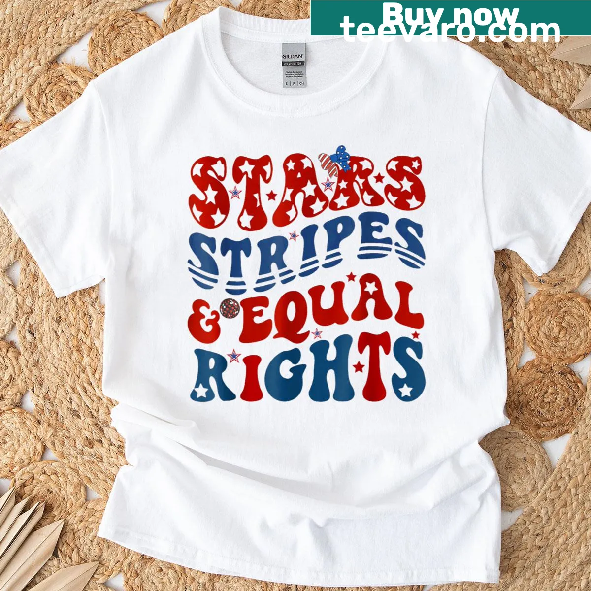 Patriotic women's T-shirt with stars, stripes, and equal rights message — on a men's t-shirt
