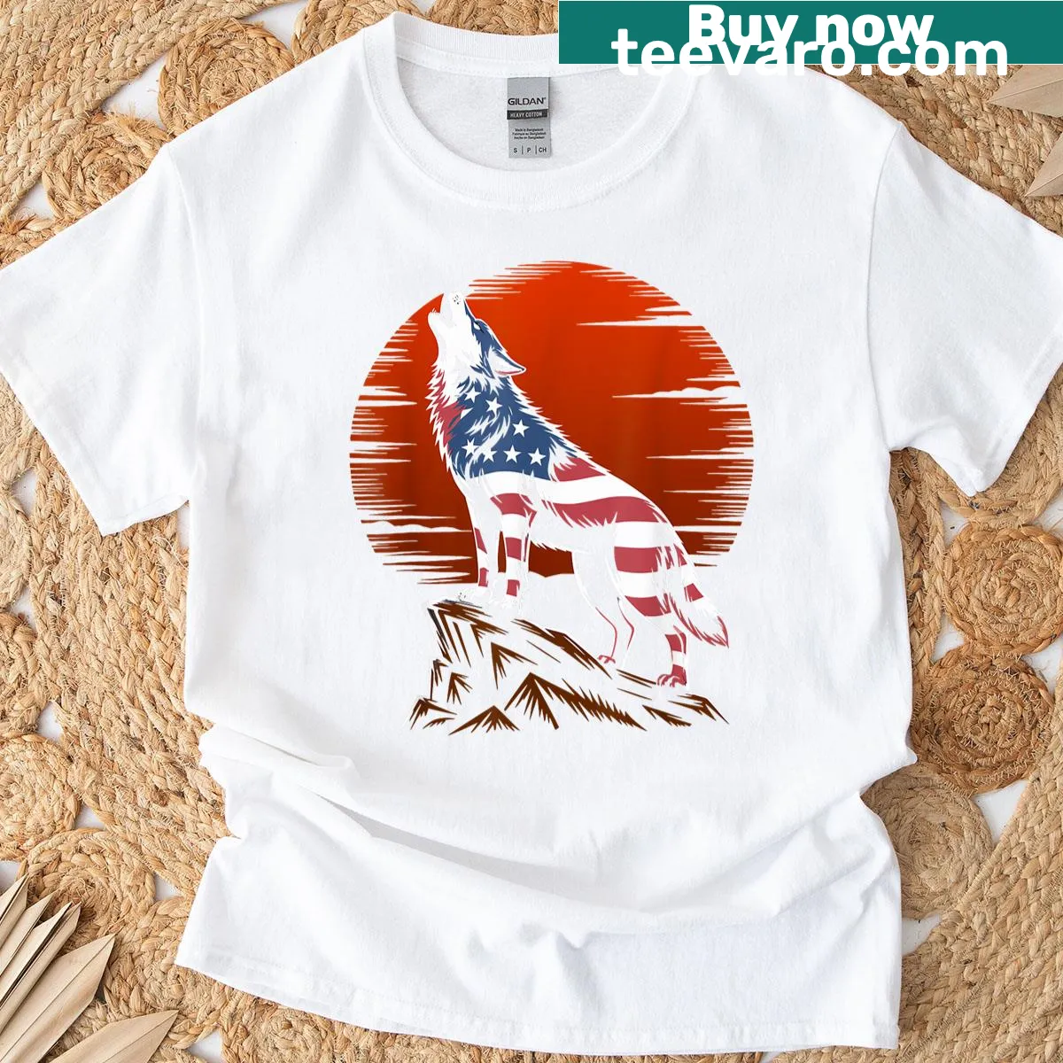 Patriotic T-shirt with wolf and American flag design — on a men's t-shirt