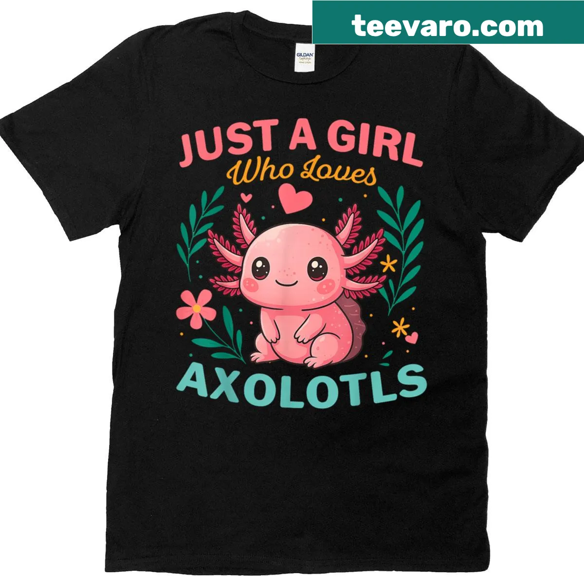 Illustration of an axolotl surrounded by flowers on a women's t-shirt — on a men's t-shirt