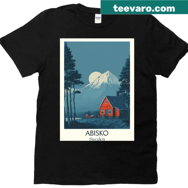Vintage Abisko Sweden cabin art t-shirt with retro design