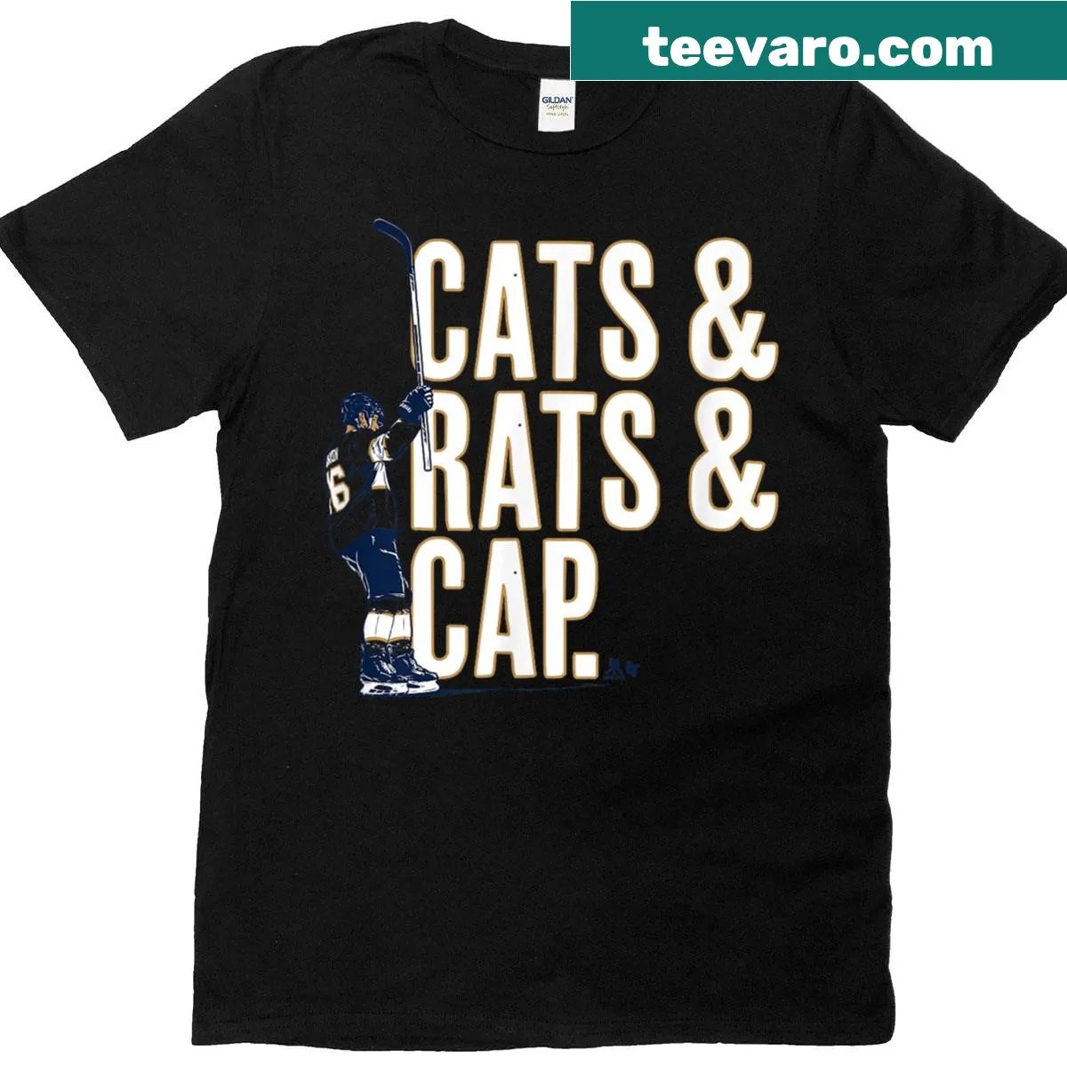Bold Aleksander Barkov hockey t-shirt with cat and rat illustration — on a men's t-shirt