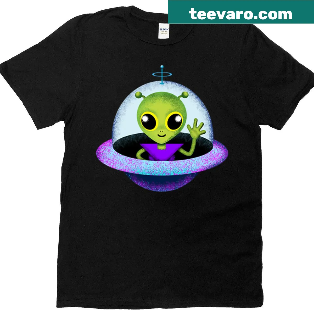 Cartoon alien greeting t-shirt with playful design — on a men's t-shirt