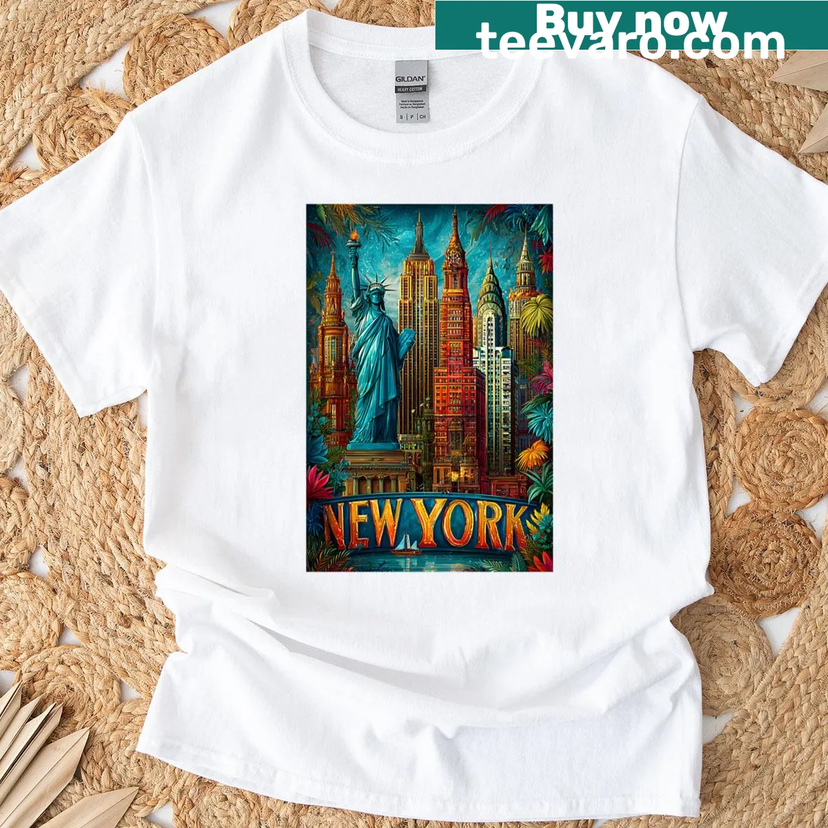 Artistic New York City travel poster design on T-shirt — on a men's t-shirt