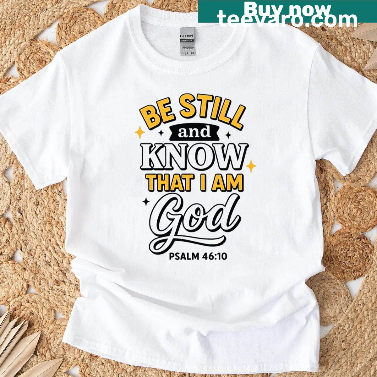 Faith-inspired T-shirt with Psalm 4610 text — on a men's t-shirt