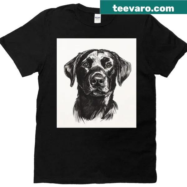 Artistic depiction of a joyful black retriever on a T-shirt