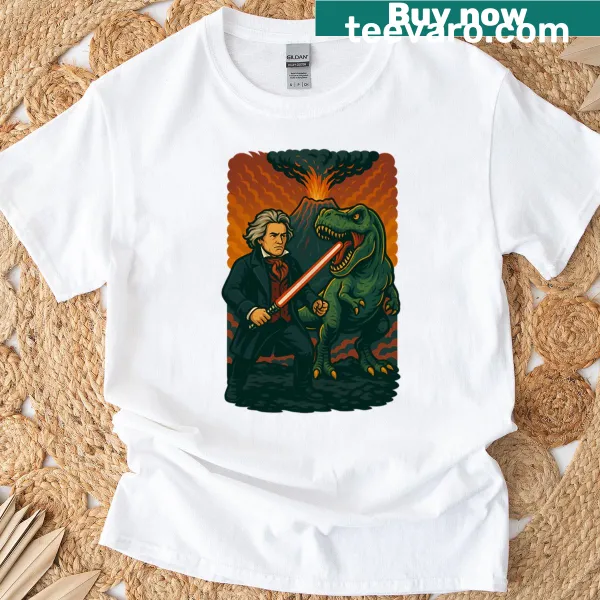 Funny T-rex with lightsaber and volcano design on t-shirt