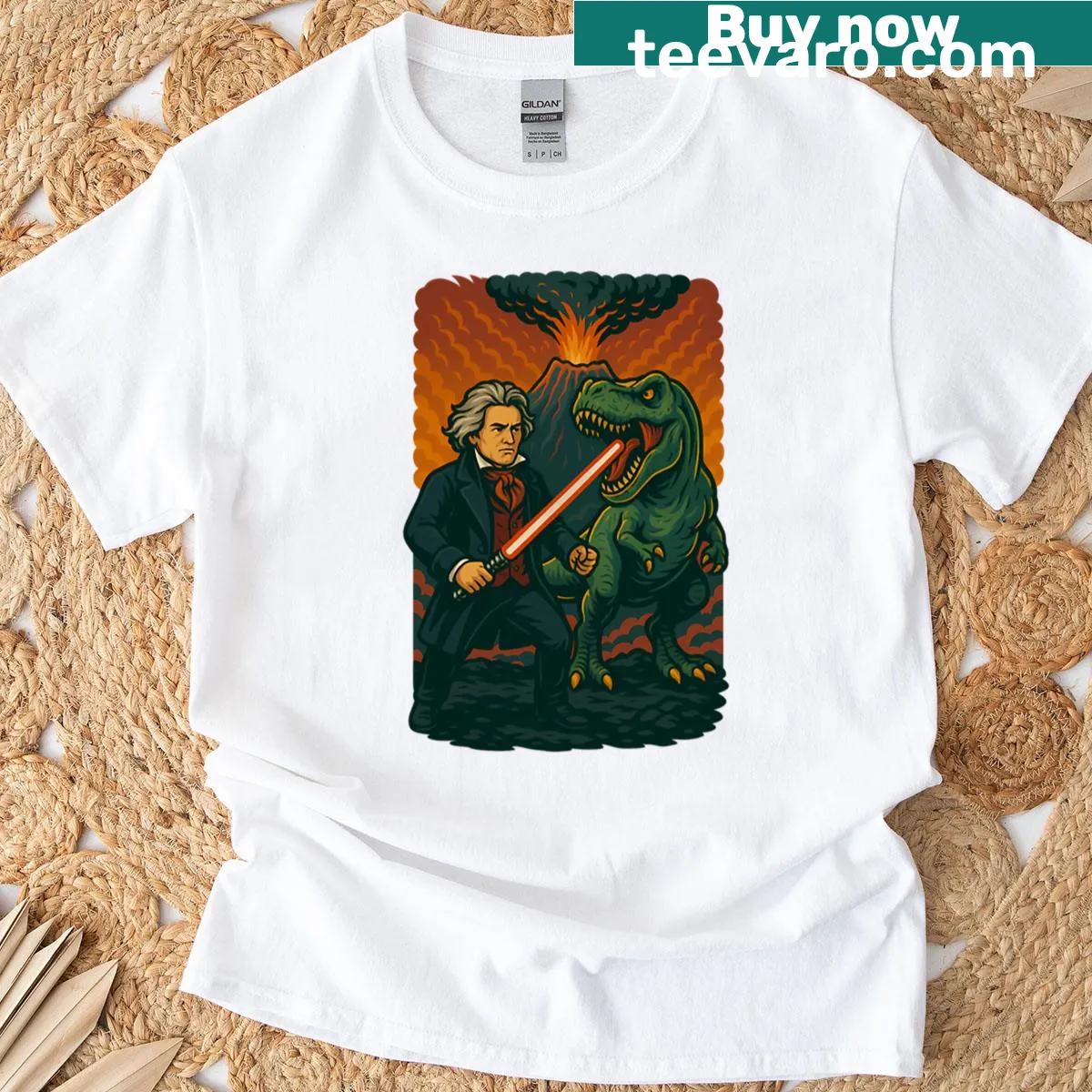 Funny T-rex with lightsaber and volcano design on t-shirt — on a men's t-shirt
