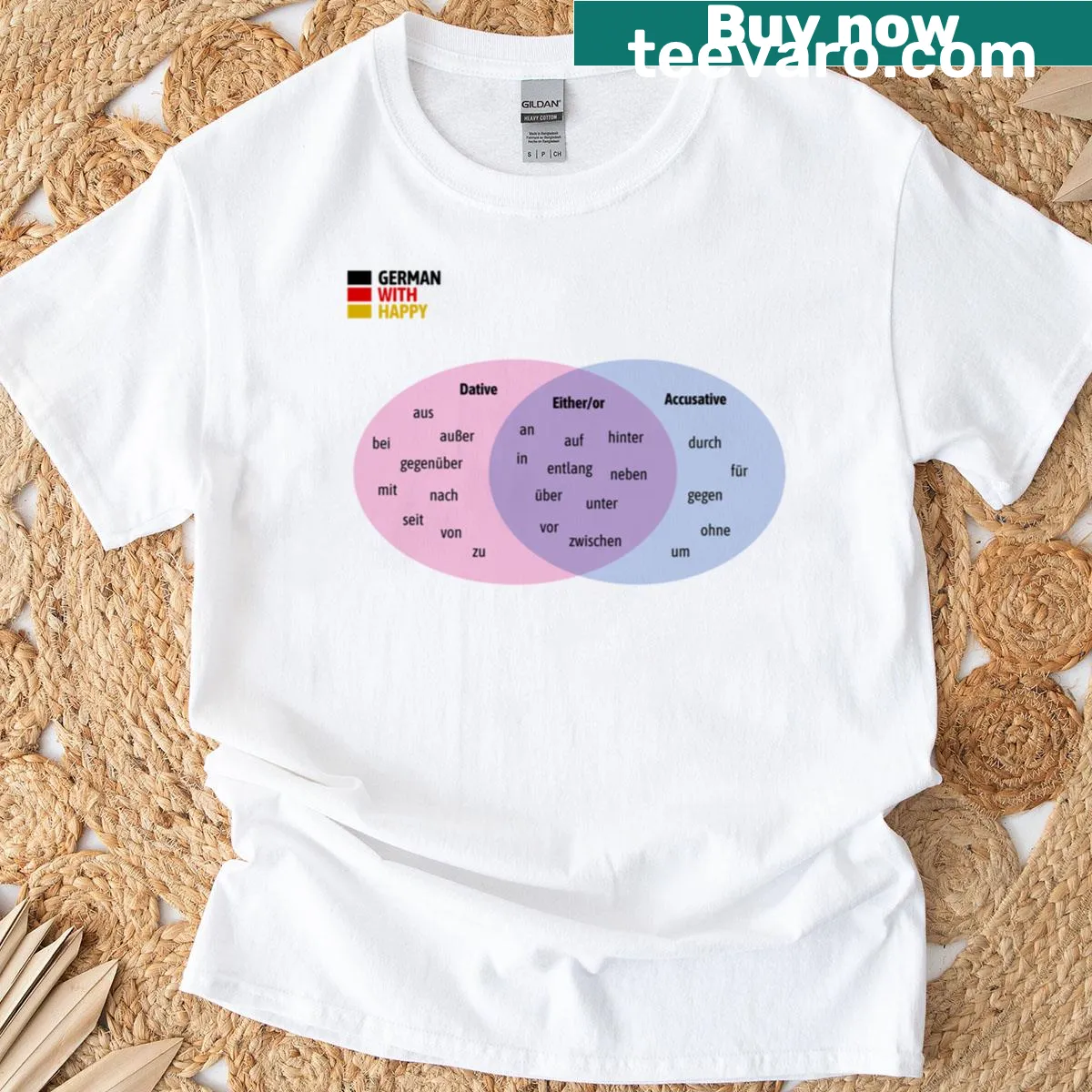 Bold typography design featuring Bi Pride and German prepositions — on a men's t-shirt