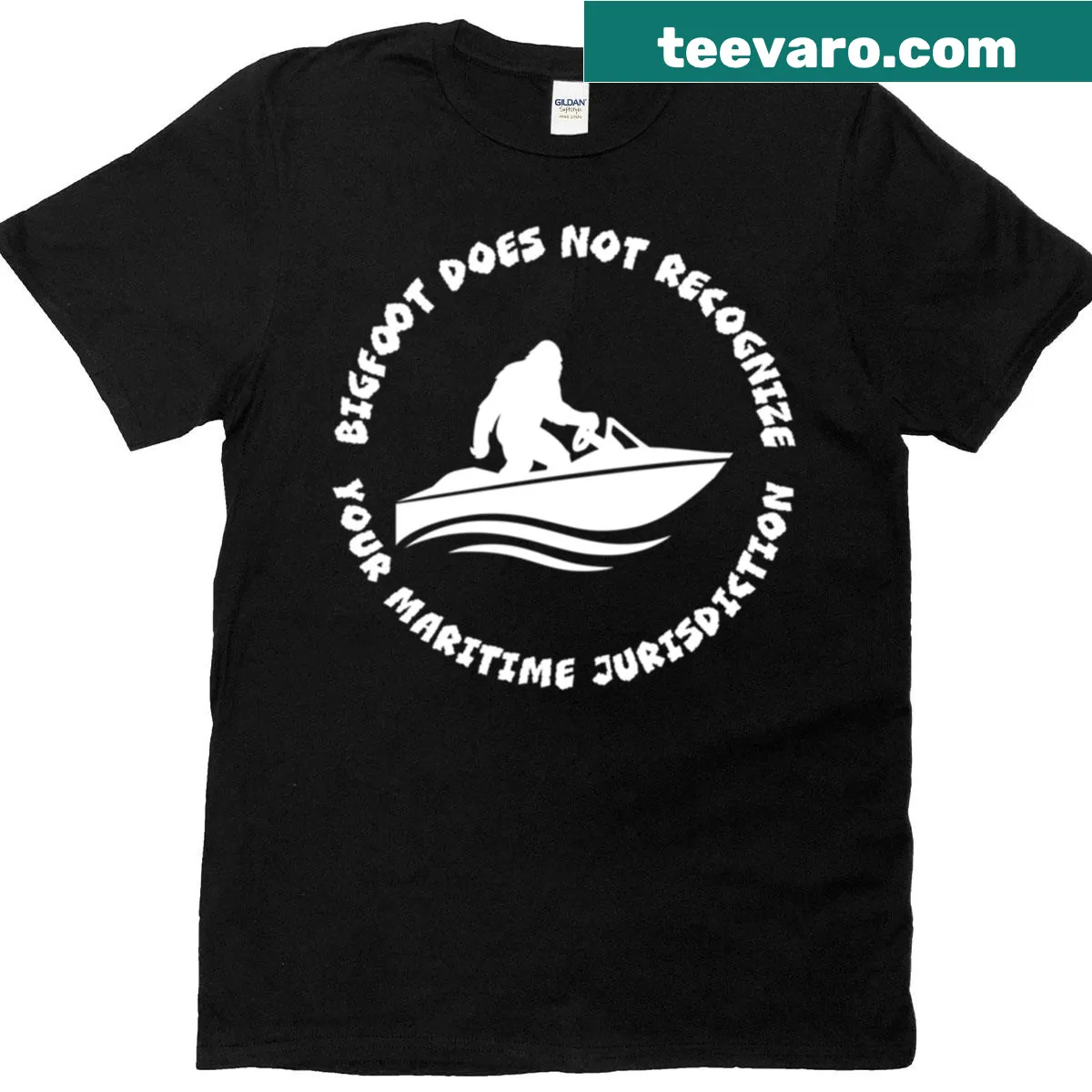 Humorous T-shirt with a saying about Bigfoot and maritime jurisdiction — on a men's t-shirt
