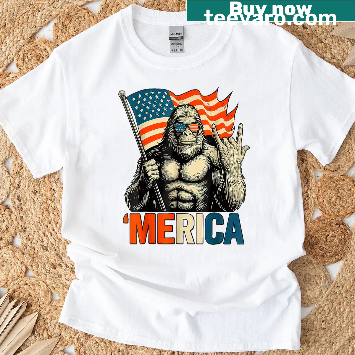 Bigfoot in front of American flag on a patriotic T-shirt — on a men's t-shirt