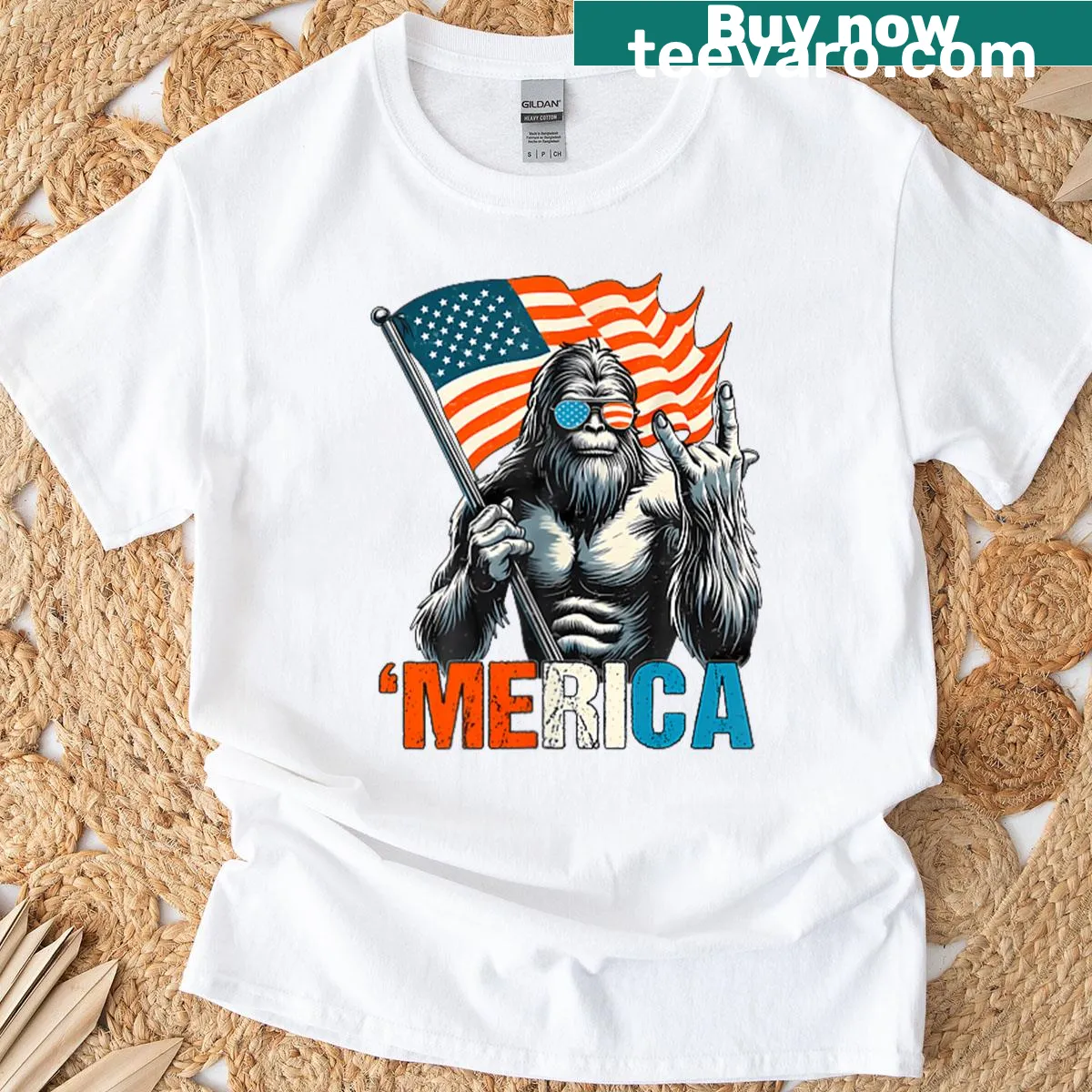 Bigfoot with American flag design for July 4th celebration — on a men's t-shirt