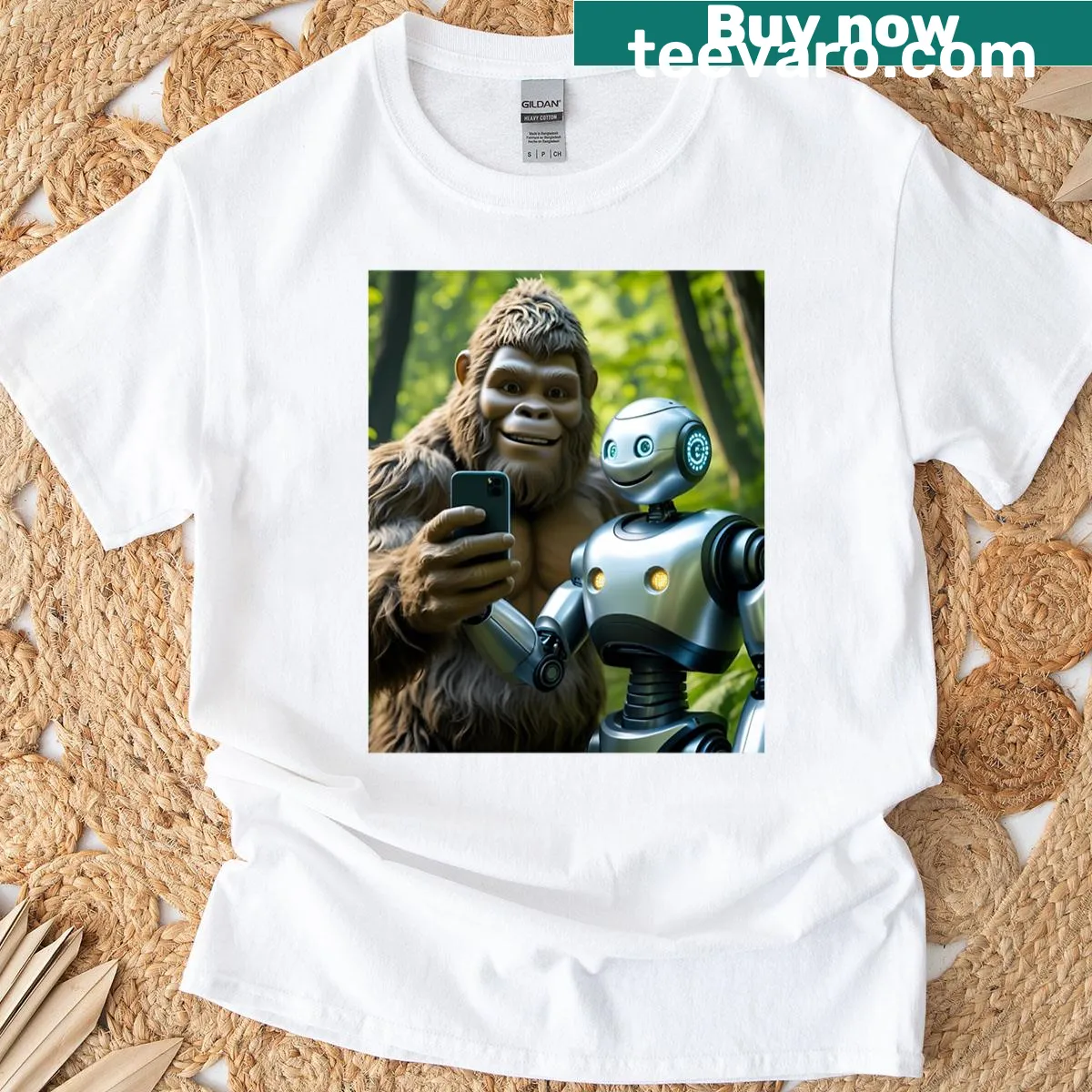 Bigfoot taking a selfie with a robot on a T-shirt — on a men's t-shirt