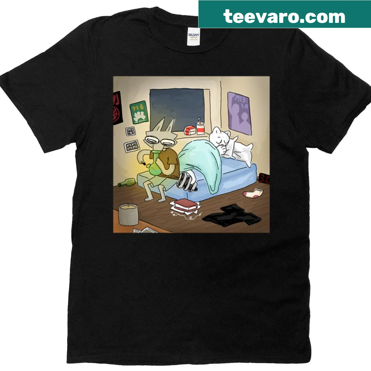 Illustration of Billie and Mittens in a cozy bedroom setting on a t-shirt — on a men's t-shirt