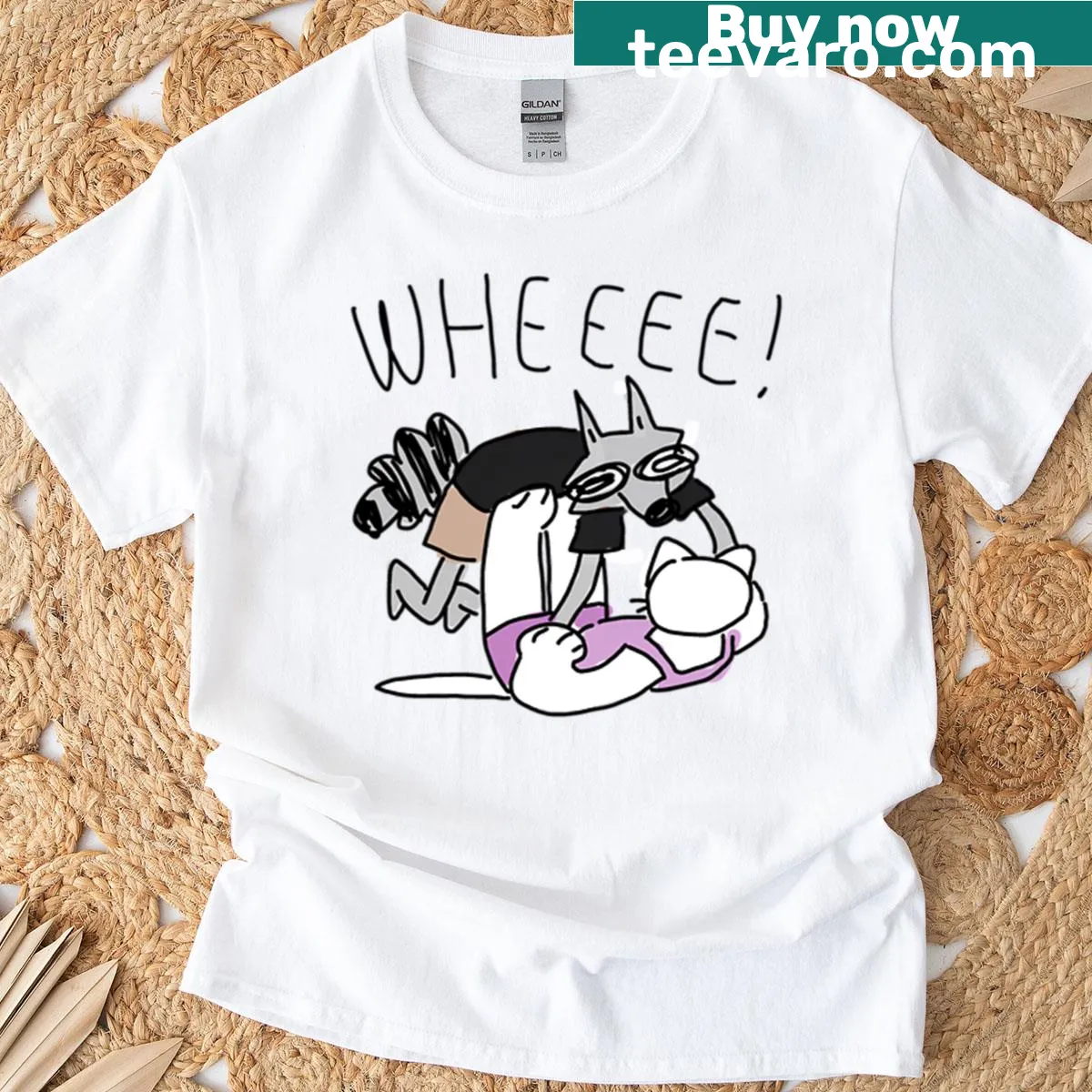 Billie and Mittens cartoon doing the airplane pose — on a men's t-shirt