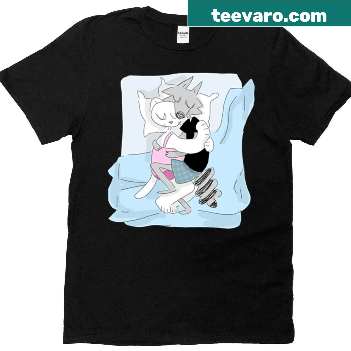 Heartwarming illustration of Billie and Mittens snuggling on a t-shirt — on a men's t-shirt