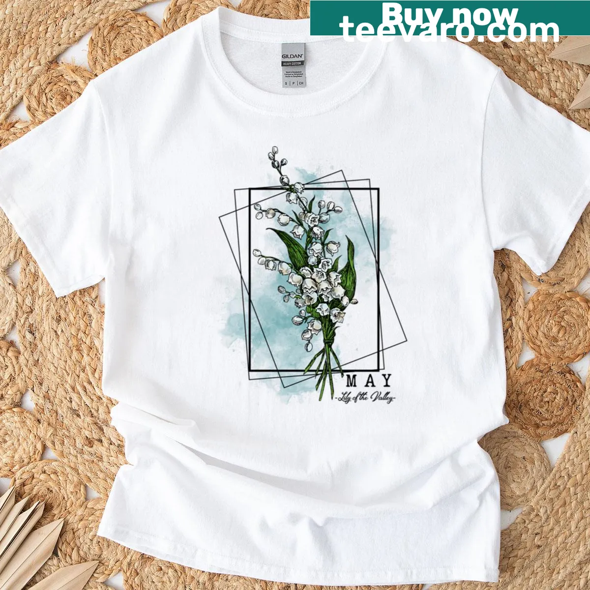 Watercolor design of Lily of the Valley flower on T-shirt — on a men's t-shirt