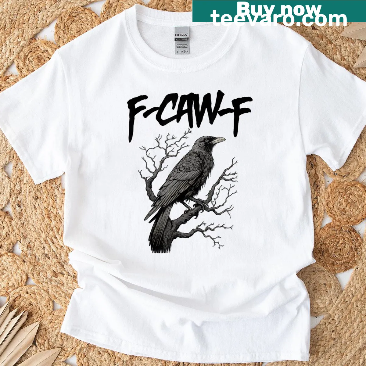 Whimsical crow and moon illustration with F-caw-f text on a T-shirt — on a men's t-shirt