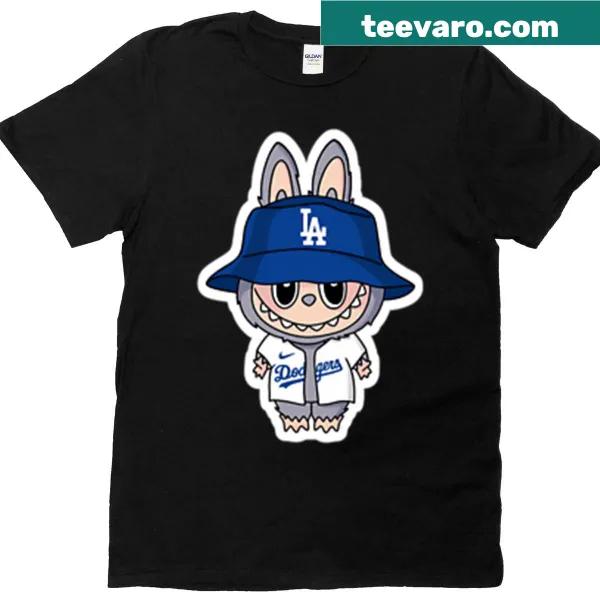 Playful cartoon graphic of Labubu in a baseball cap on a T-shirt