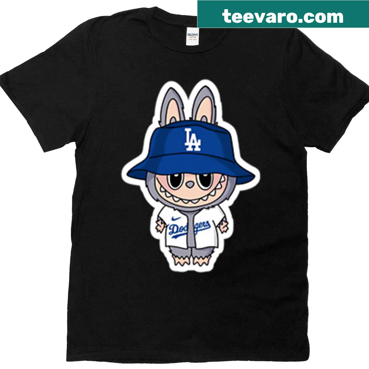 Playful cartoon graphic of Labubu in a baseball cap on a T-shirt — on a men's t-shirt