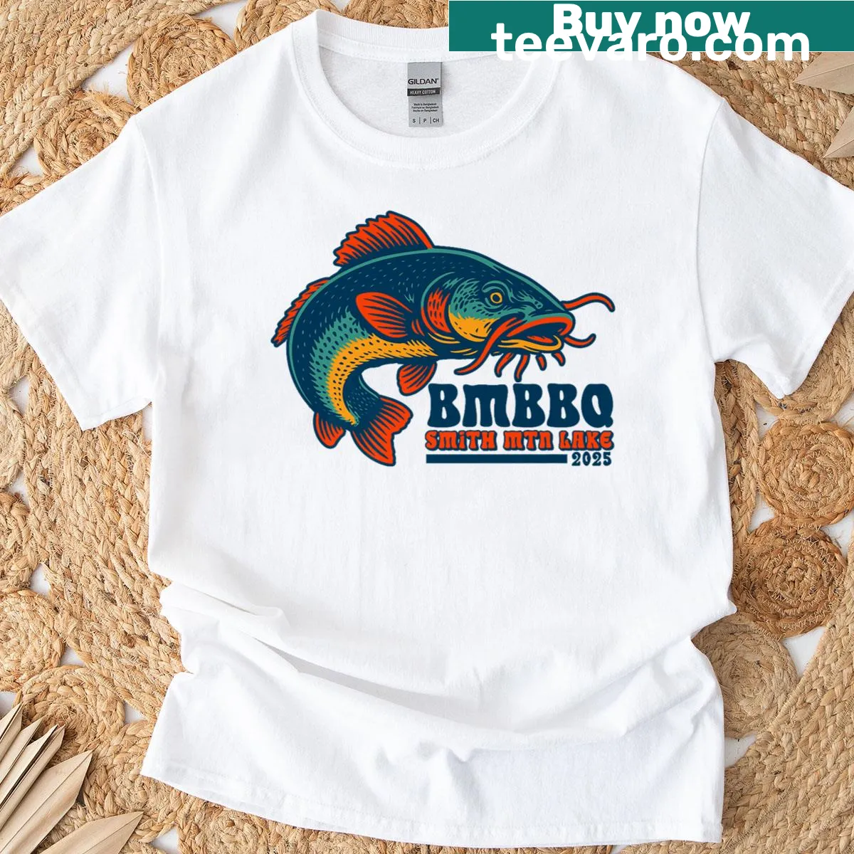 Cartoon catfish logo graphic on T-shirt — on a men's t-shirt