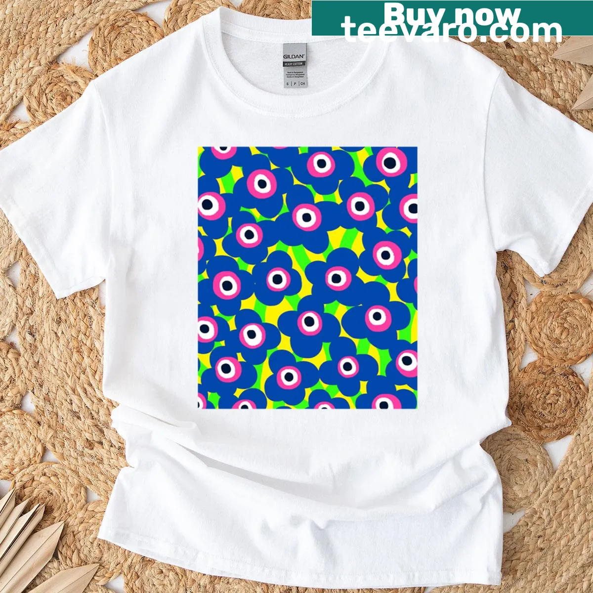 Bold garden-themed T-shirt with vibrant colors — on a men's t-shirt