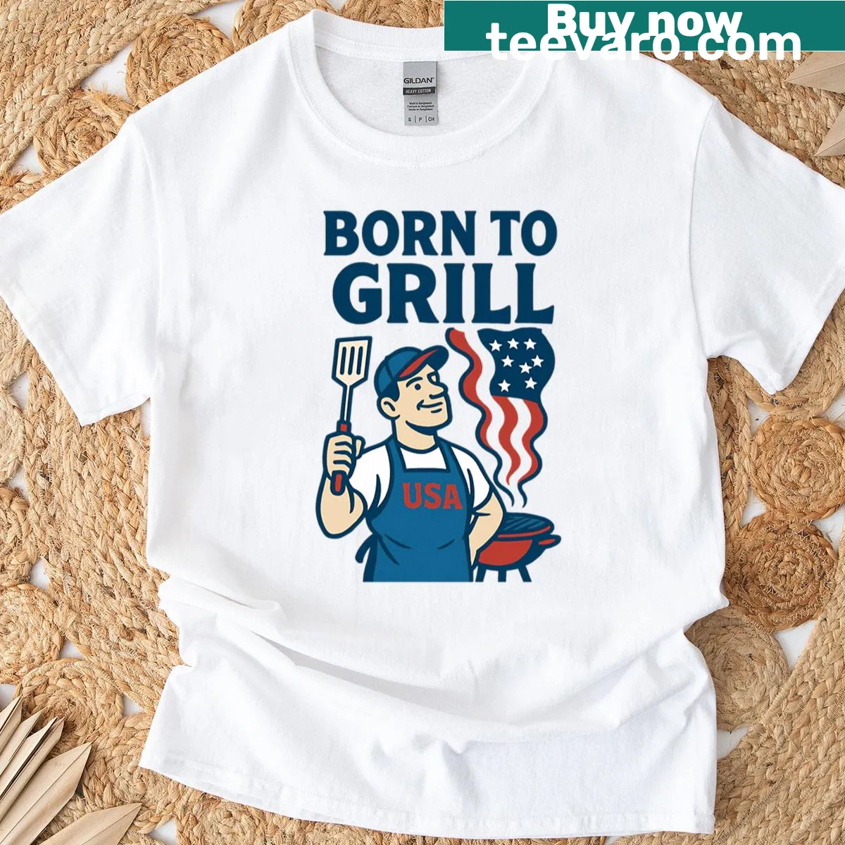 Illustration of grilling tools and flames on a T-shirt. — on a men's t-shirt