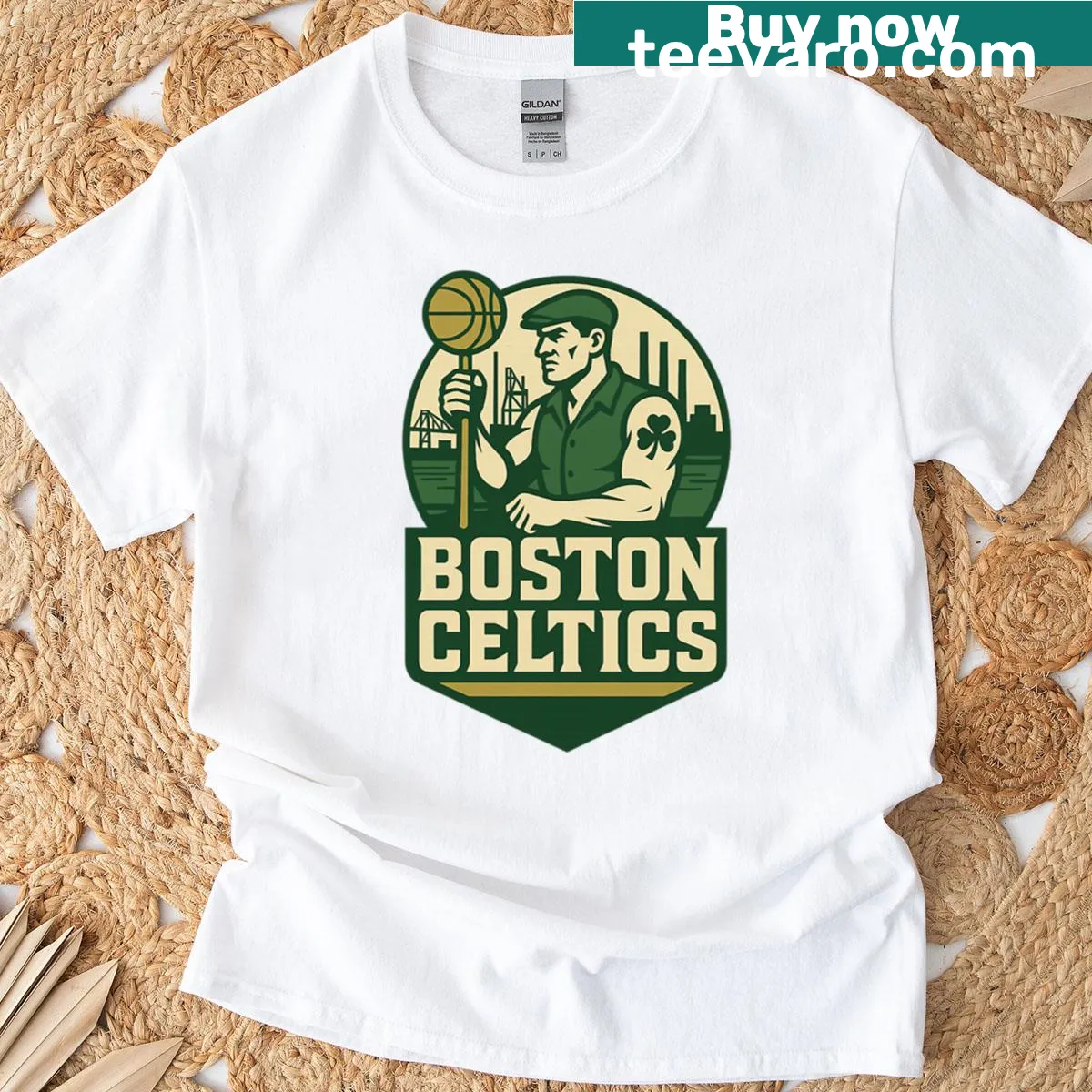 Reimagined Boston Celtics mascot design on a vintage-style t-shirt. — on a men's t-shirt