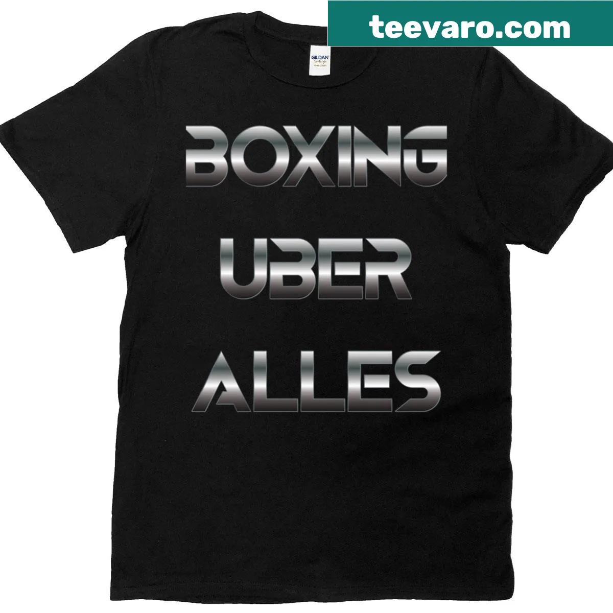 T-shirt with bold text 'Boxing Uber Alles' — on a men's t-shirt