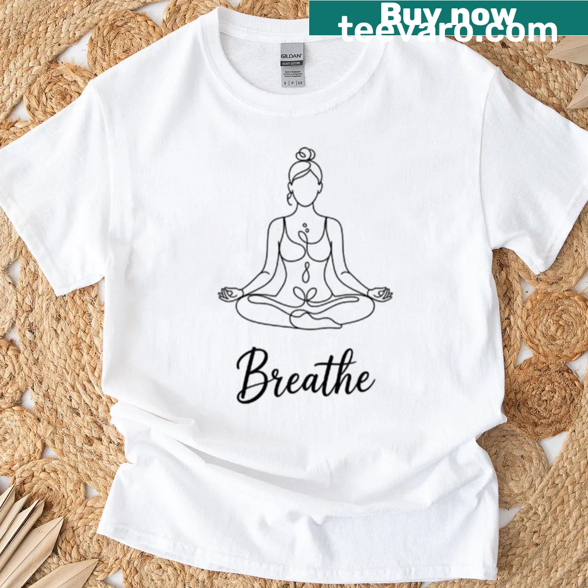 Line art graphic of a yogi in meditation promoting mindfulness — on a men's t-shirt