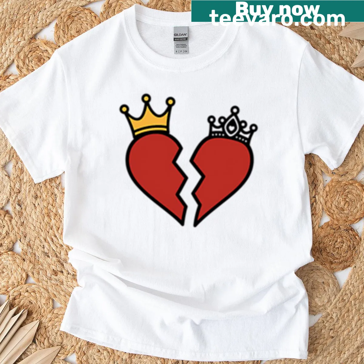 Couple design of a broken heart with a crown and tiara on a T-shirt. — on a men's t-shirt