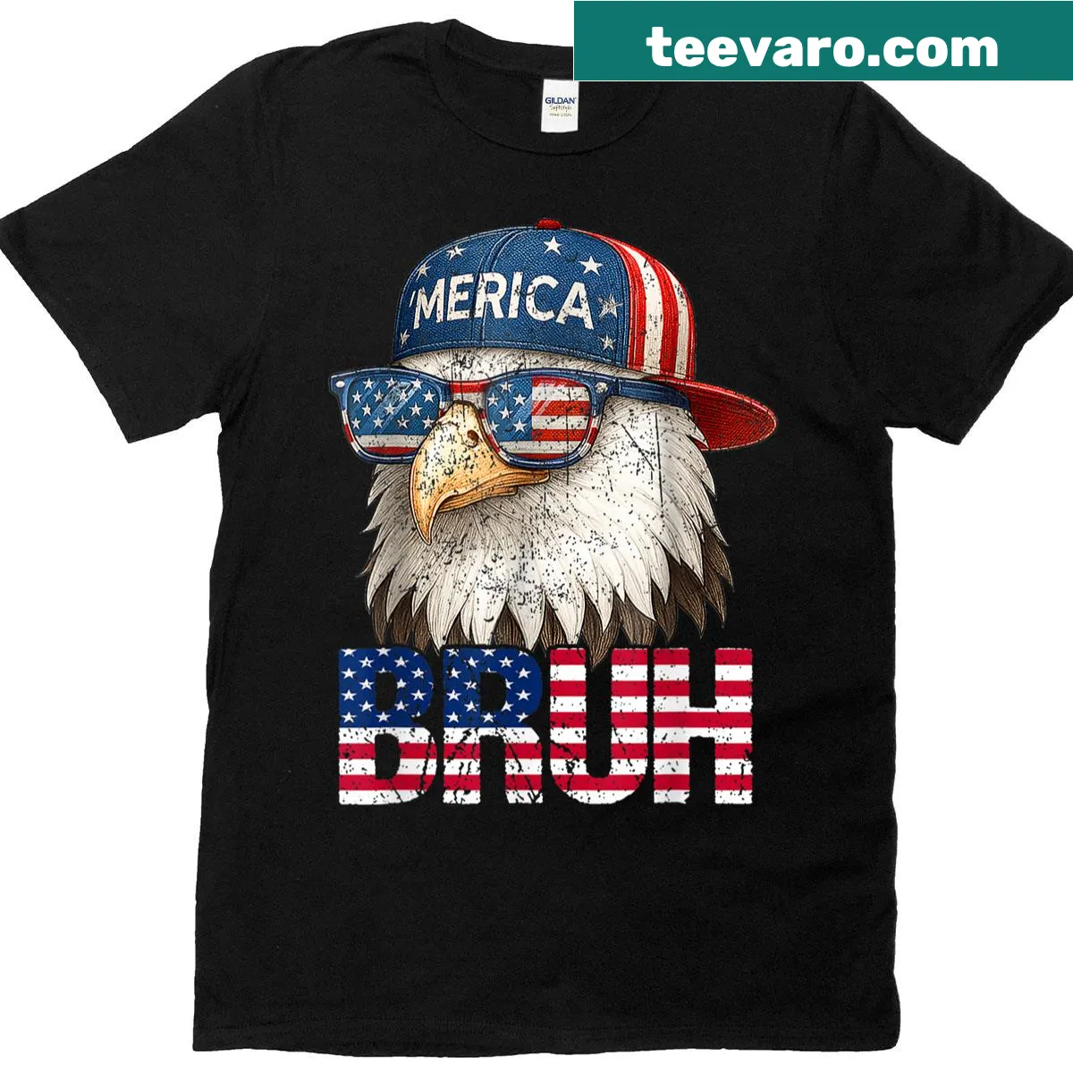 Cartoon eagle and 'Bruh' text on a Fourth of July patriotic t-shirt — on a men's t-shirt
