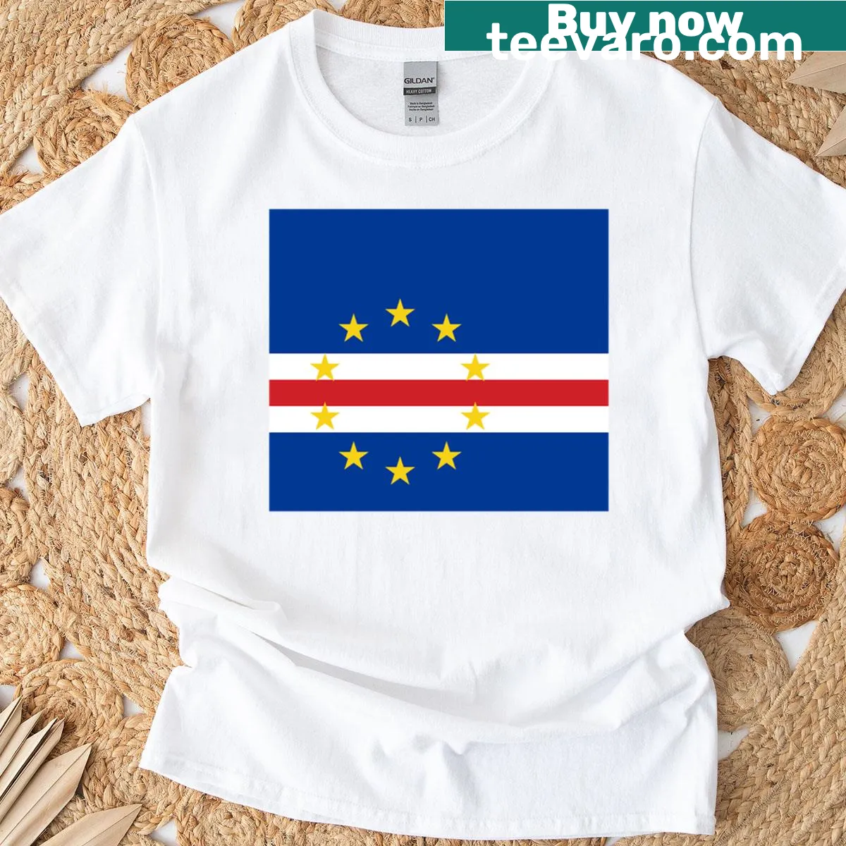 Illustrated T-shirt featuring Cape Verde landscapes and cultural elements — on a men's t-shirt