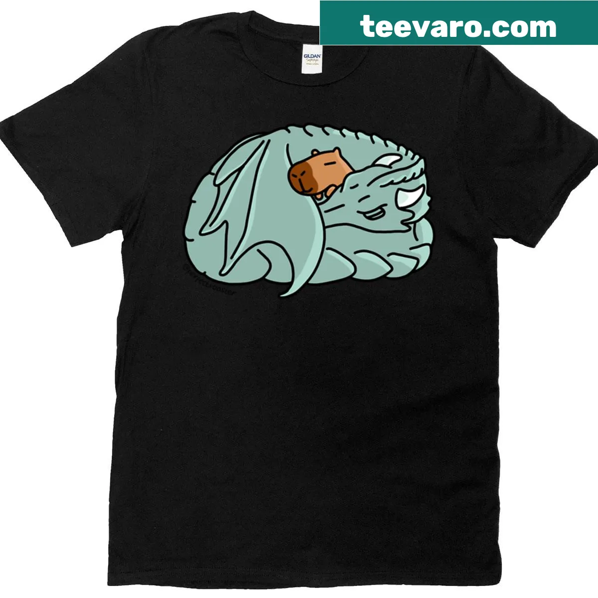Capybara lounging with a dragon illustration on t-shirt — on a men's t-shirt